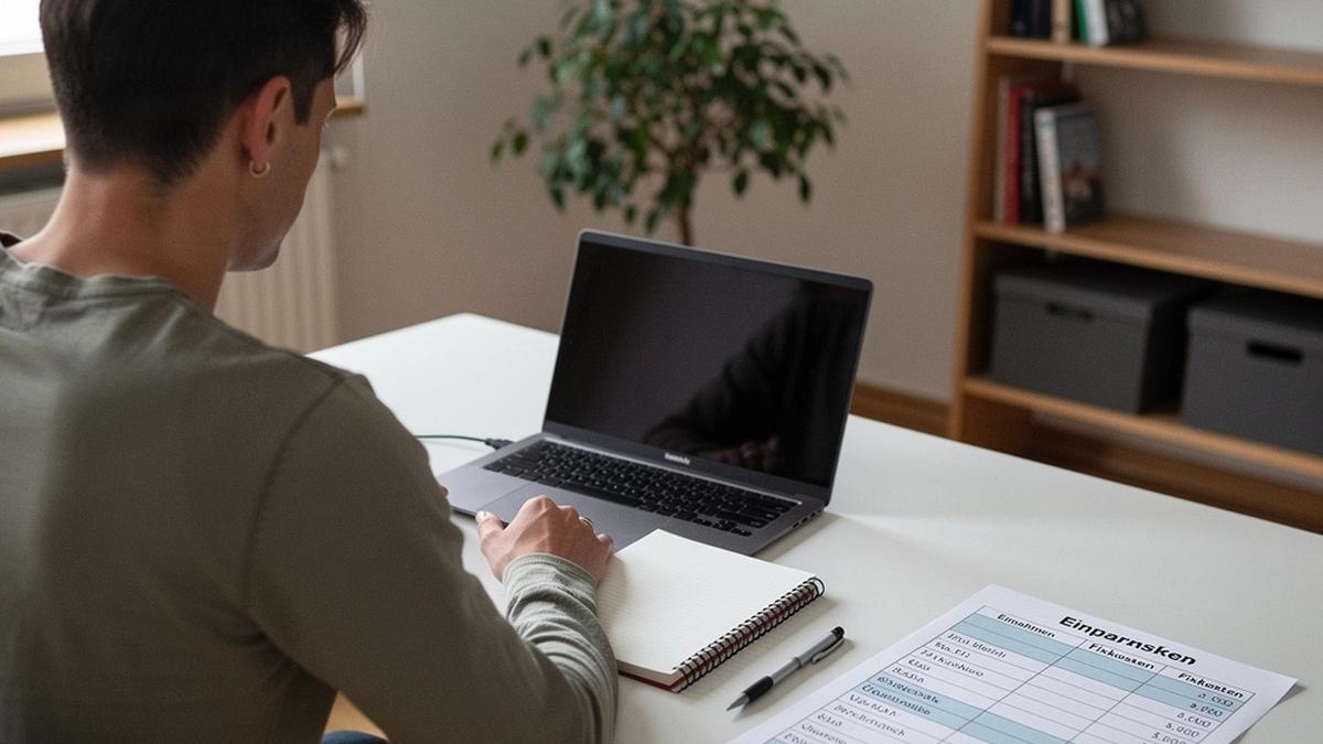 Person am Schreibtisch mit Laptop und Notizbuch, plant ein Monatsbudget