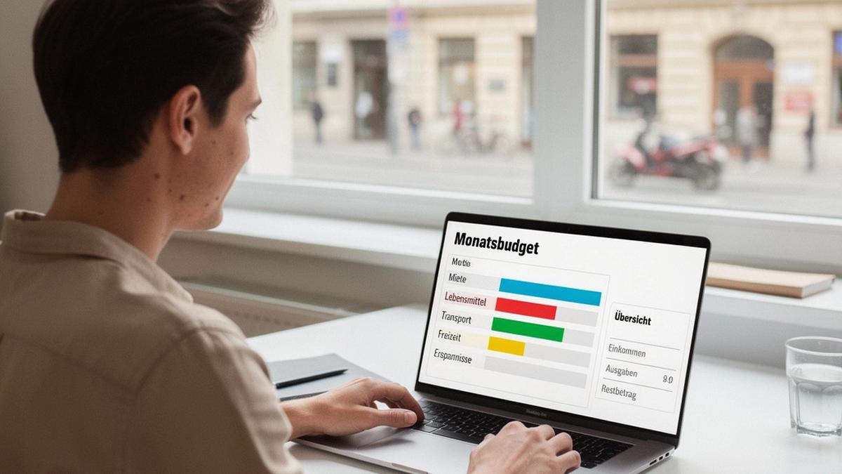 Person am Laptop sortiert Budget-Kategorien in einer übersichtlichen Oberfläche