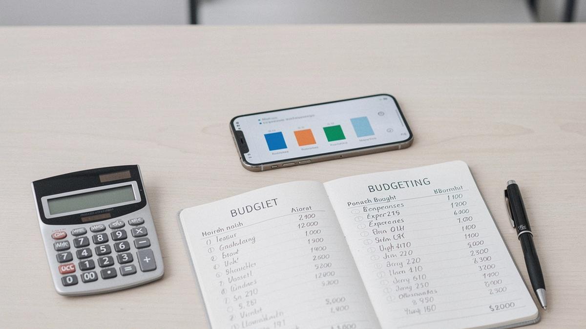Arbeitsplatz mit Budget-Plan, Taschenrechner und Notizbuch
